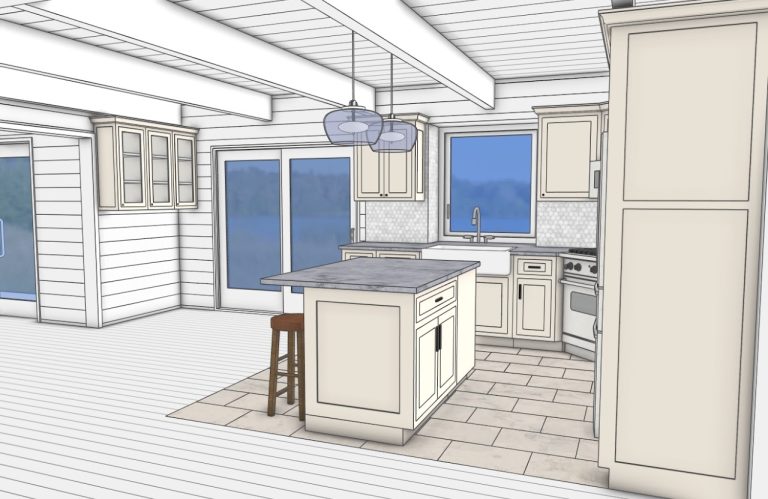 Warm white cabinet option with central island and tall pantry cabinet