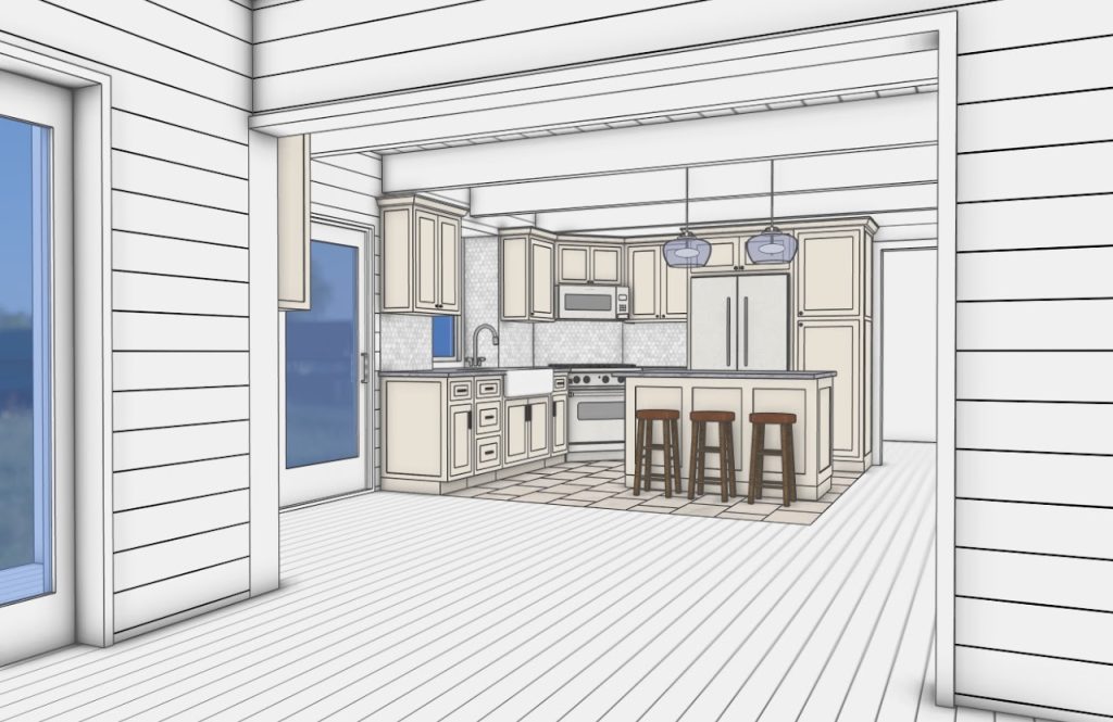 Wide view of the warm white kitchen option from the adjacent living space