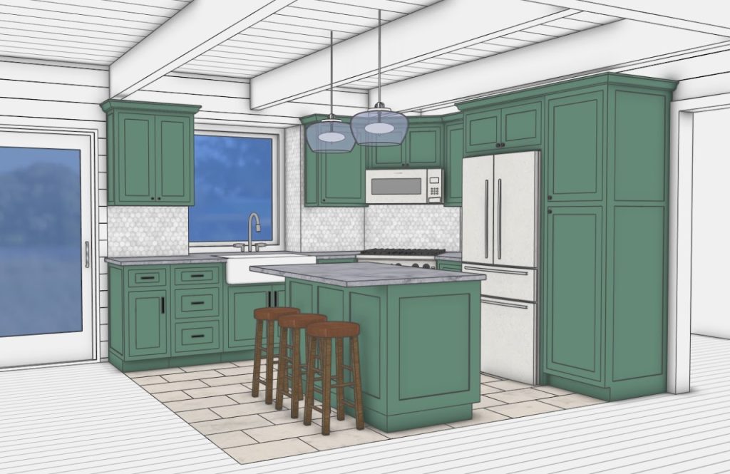 Green cabinet option with island seating and exposed ceiling beams
