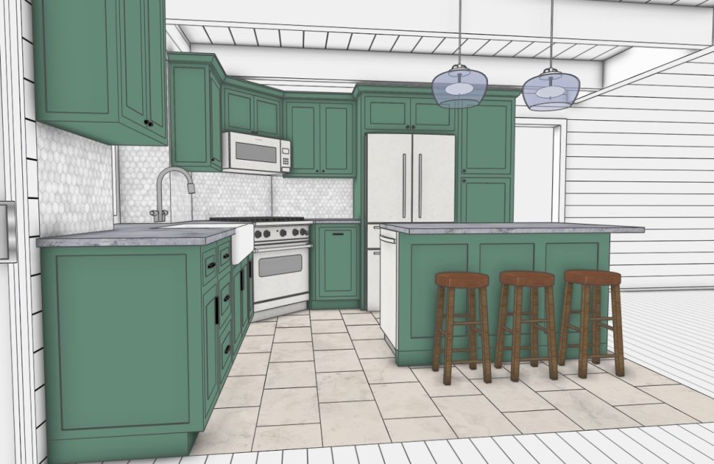 Alternate green kitchen option showing the island, range and refrigerator wall