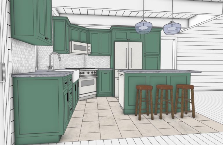 Alternate green kitchen option showing the island, range and refrigerator wall