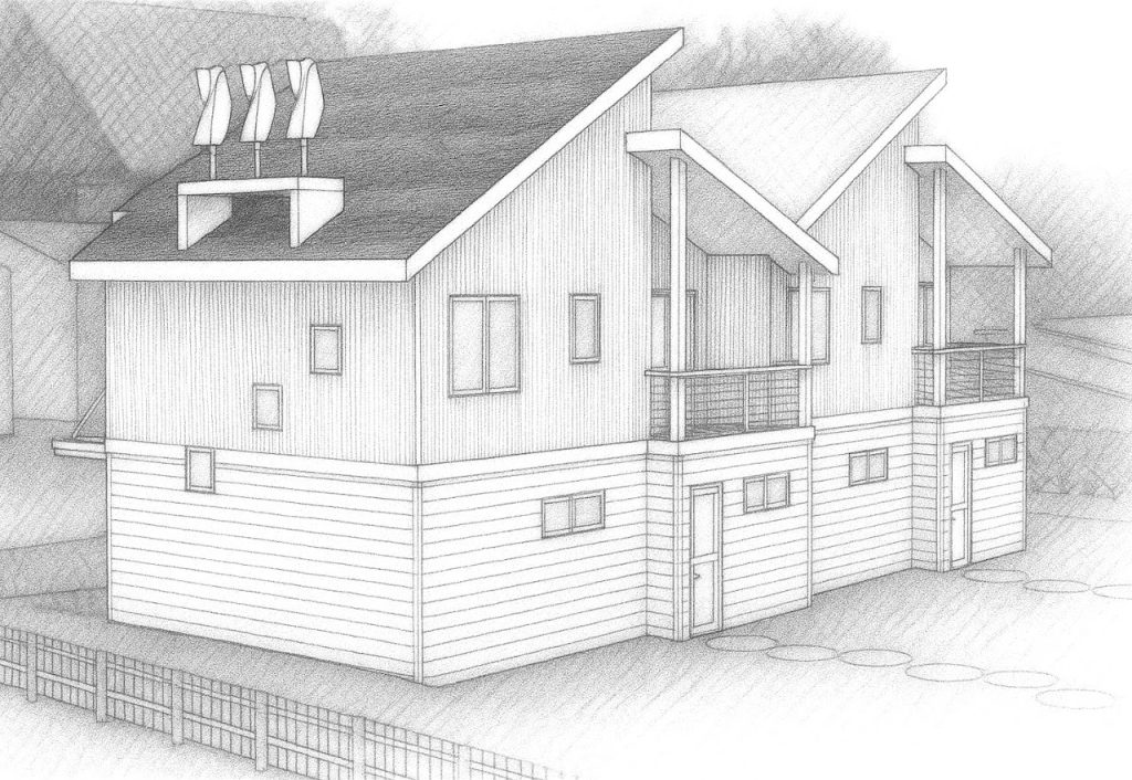 Rear corner sketch rendering of the duplex with garages below and living spaces above