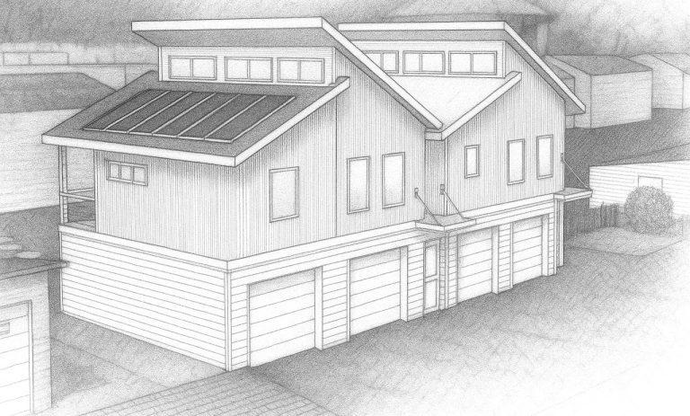 Opposite rear corner sketch rendering of the duplex and garage bays