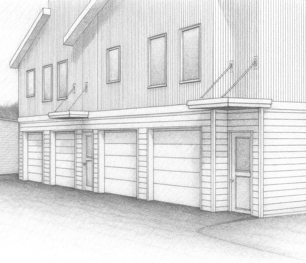 Close sketch view of the duplex garage doors and upper-story windows