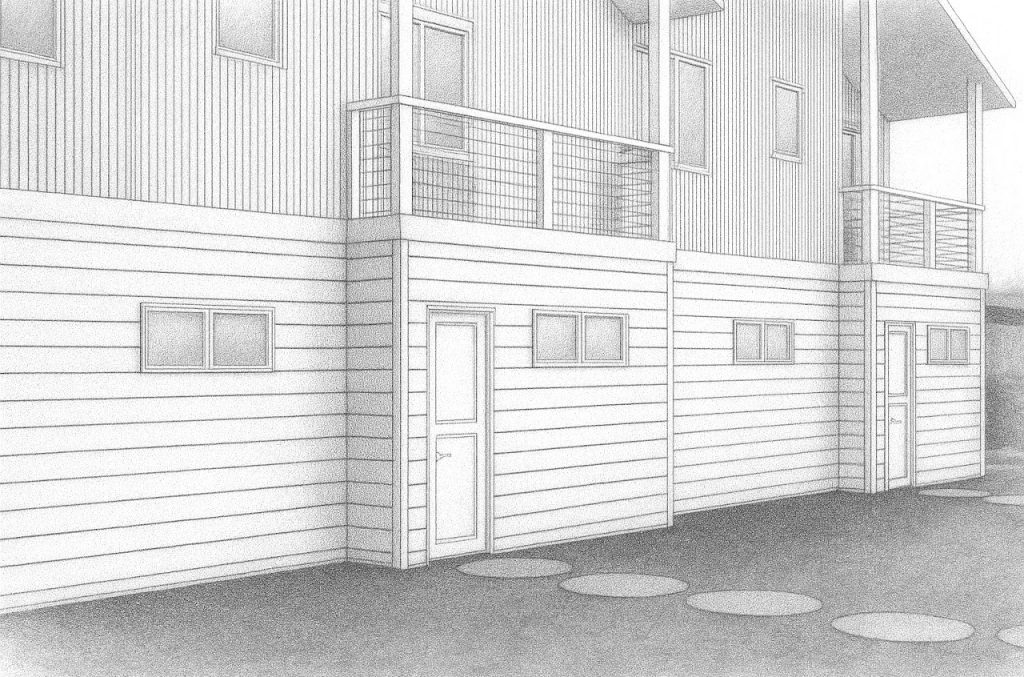 Sketch view of the duplex side entrances, balconies and lower-level doors