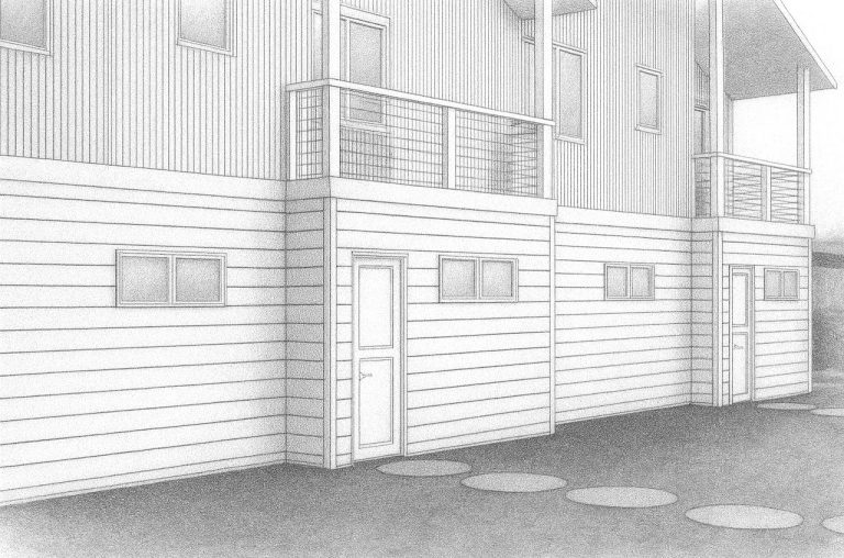 Sketch view of the duplex side entrances, balconies and lower-level doors