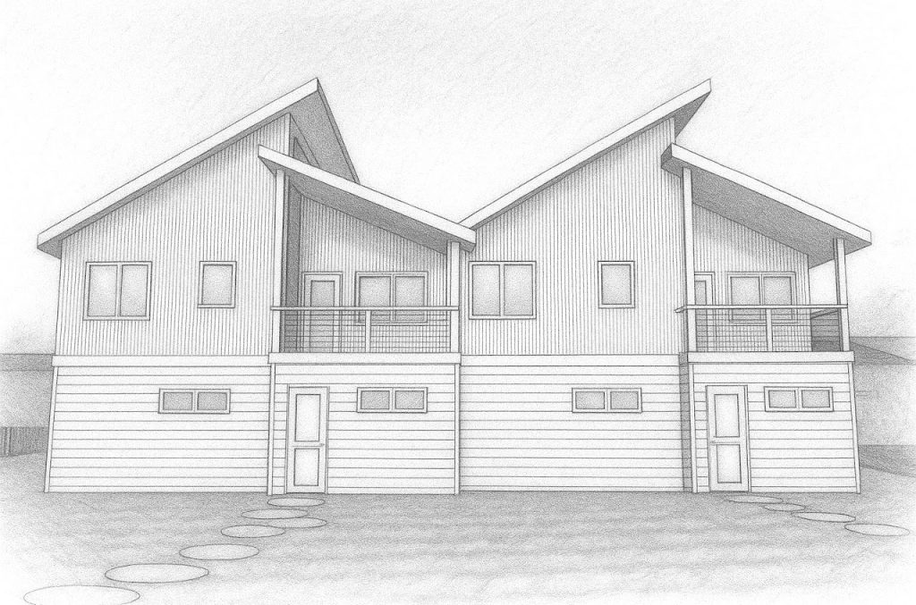 Rear elevation sketch showing paired duplex balconies and garage levels