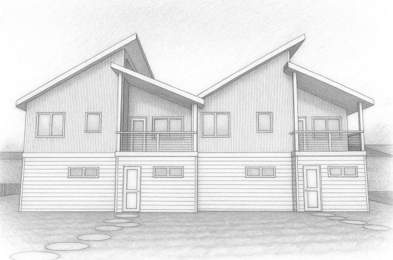 Rear elevation sketch showing paired duplex balconies and garage levels