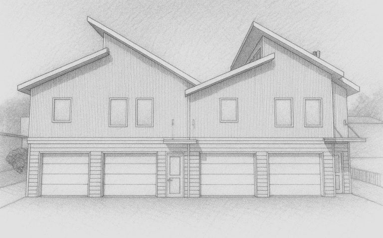 Front elevation sketch of the duplex with paired garage bays and covered entries