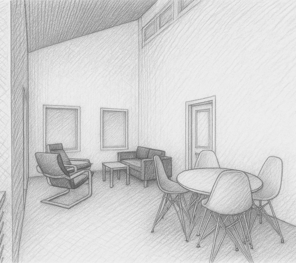Interior sketch of the duplex living and dining area with vaulted ceiling