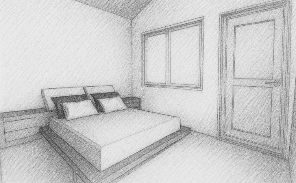 Bedroom sketch with platform bed, window and adjacent door