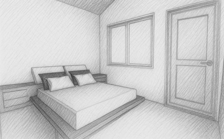 Bedroom sketch with platform bed, window and adjacent door