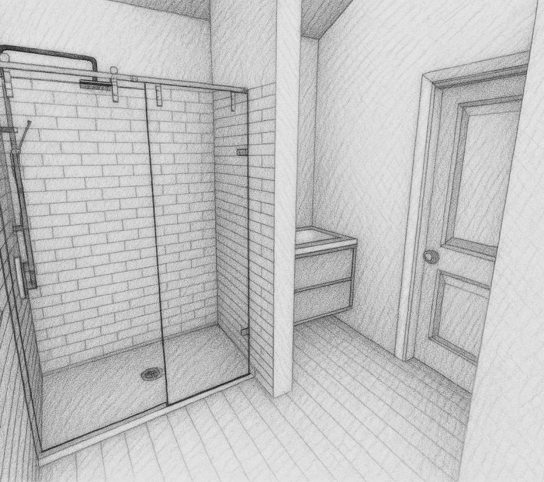 Bathroom sketch showing the tiled shower, vanity and interior door