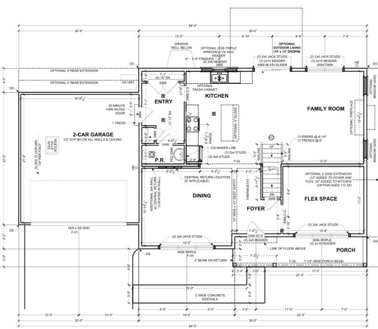 Dimensioned first-floor plan with garage, kitchen, dining room and family room