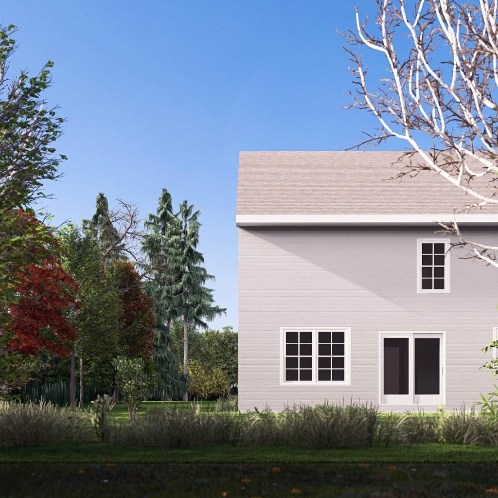 Rear elevation rendering of the new two-story home and patio doors