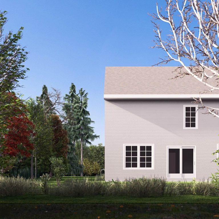 Rear elevation rendering of the new two-story home and patio doors