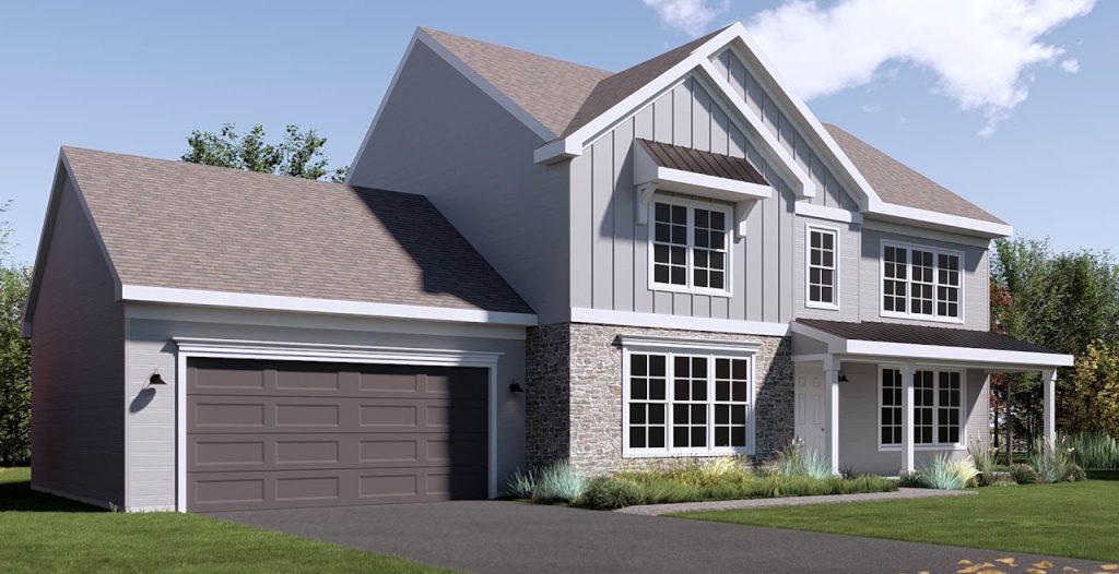 Front three-quarter rendering showing the garage, stone accent wall and porch