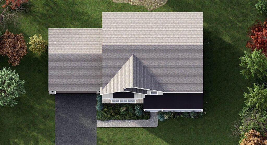 Aerial roof rendering showing the new home's footprint, driveway and landscaping