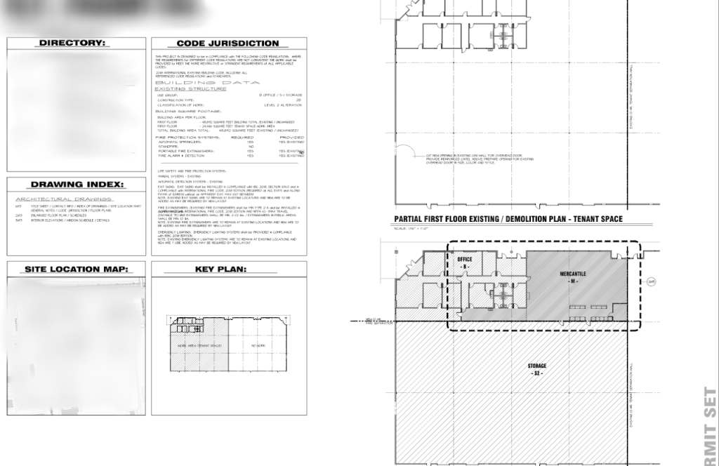 Permit cover sheet with code information, key plan and demolition plan