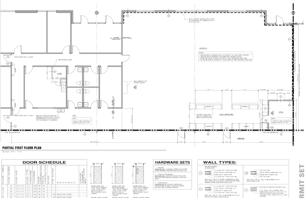 Permit floor plan with office rooms, warehouse area, schedules and wall types