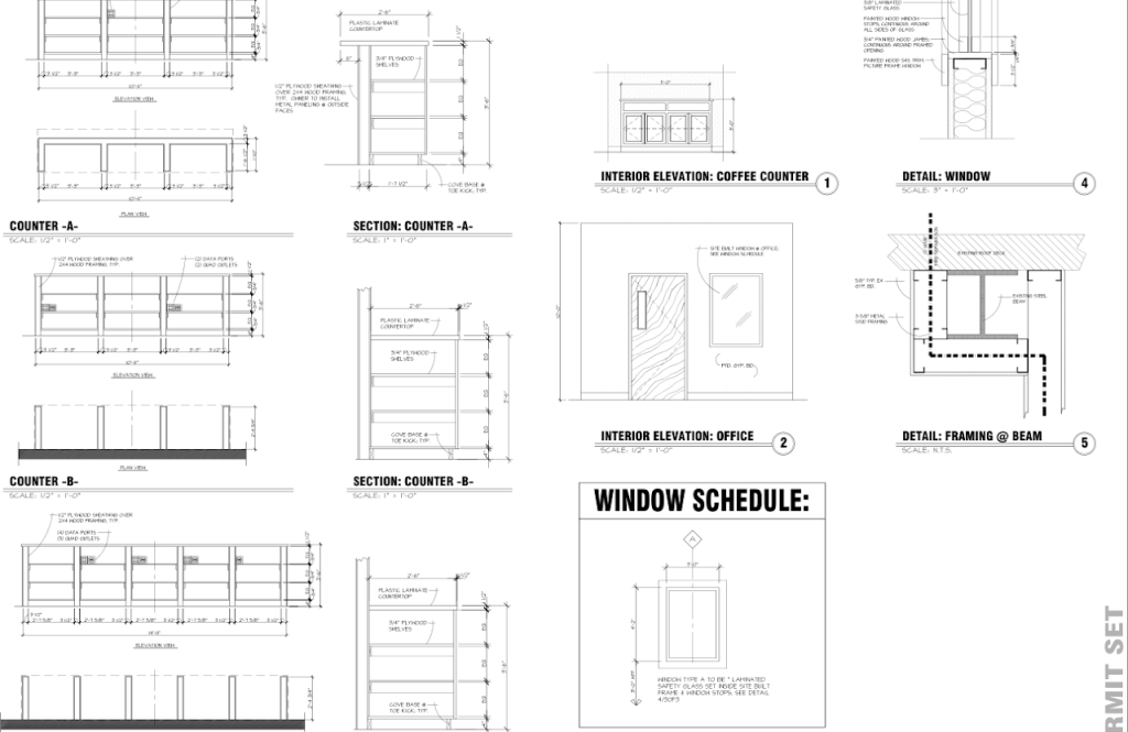 Permit details for the office counter, interior window and framing