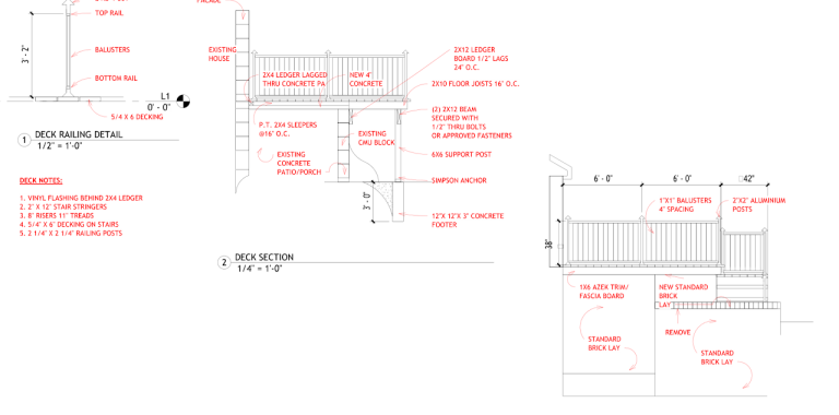 Permit drawing with rear deck construction details, stair section and guardrail notes