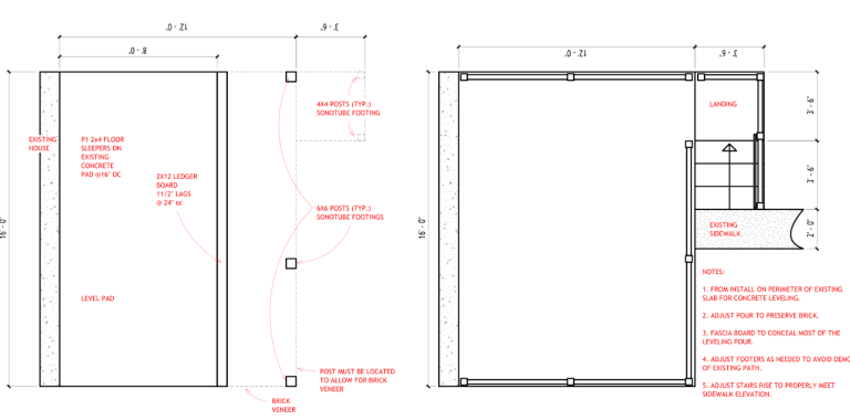 Permit drawing showing the rear porch framing plan, posts, landing and stair location
