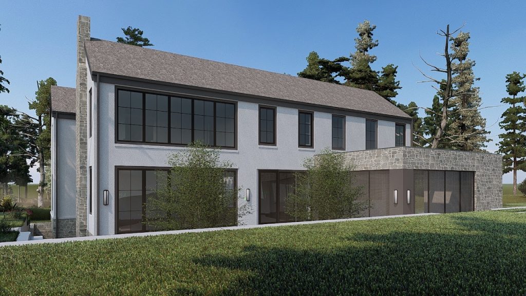 Rear exterior rendering of the modern residence with dark-framed windows and terrace