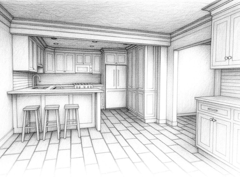Kitchen sketch looking across the peninsula toward tall pantry cabinets
