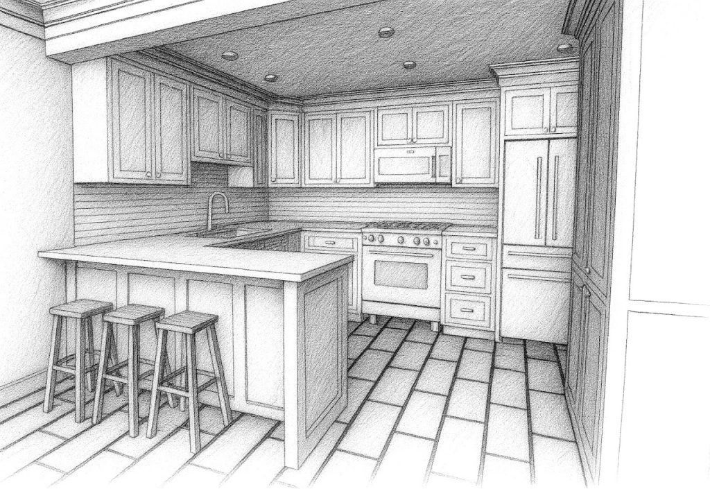 Kitchen sketch showing the peninsula seating, range and refrigerator wall