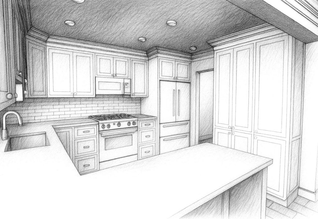 Kitchen sketch from the sink toward the range and full-height pantry cabinets