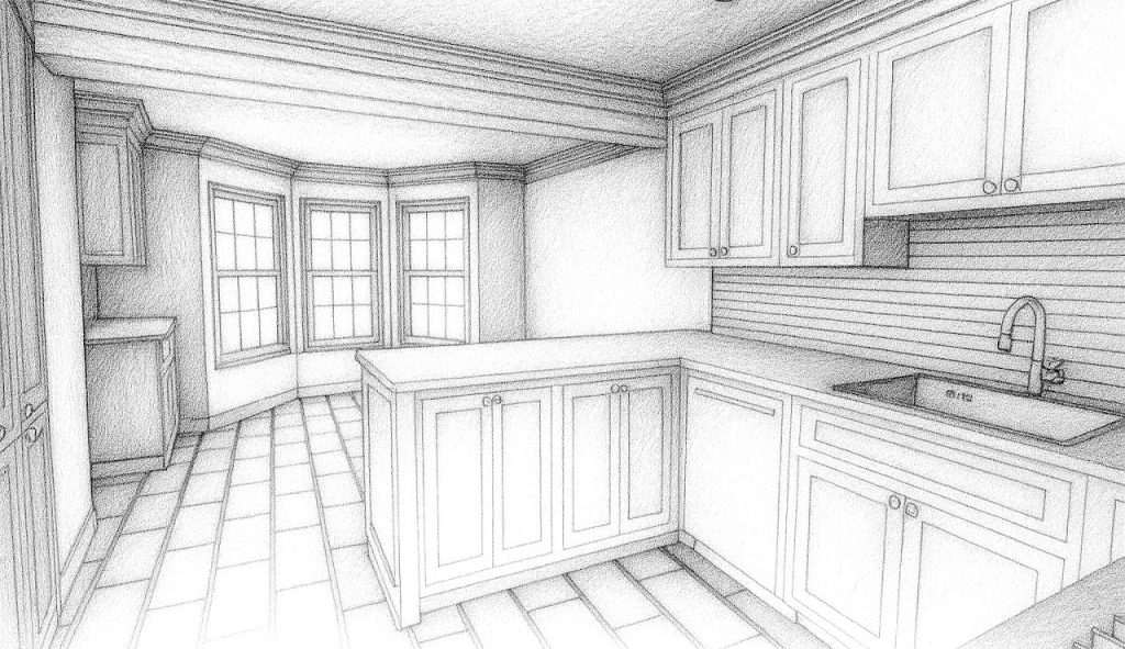 Kitchen sketch showing the sink wall, bay window and corner cabinetry
