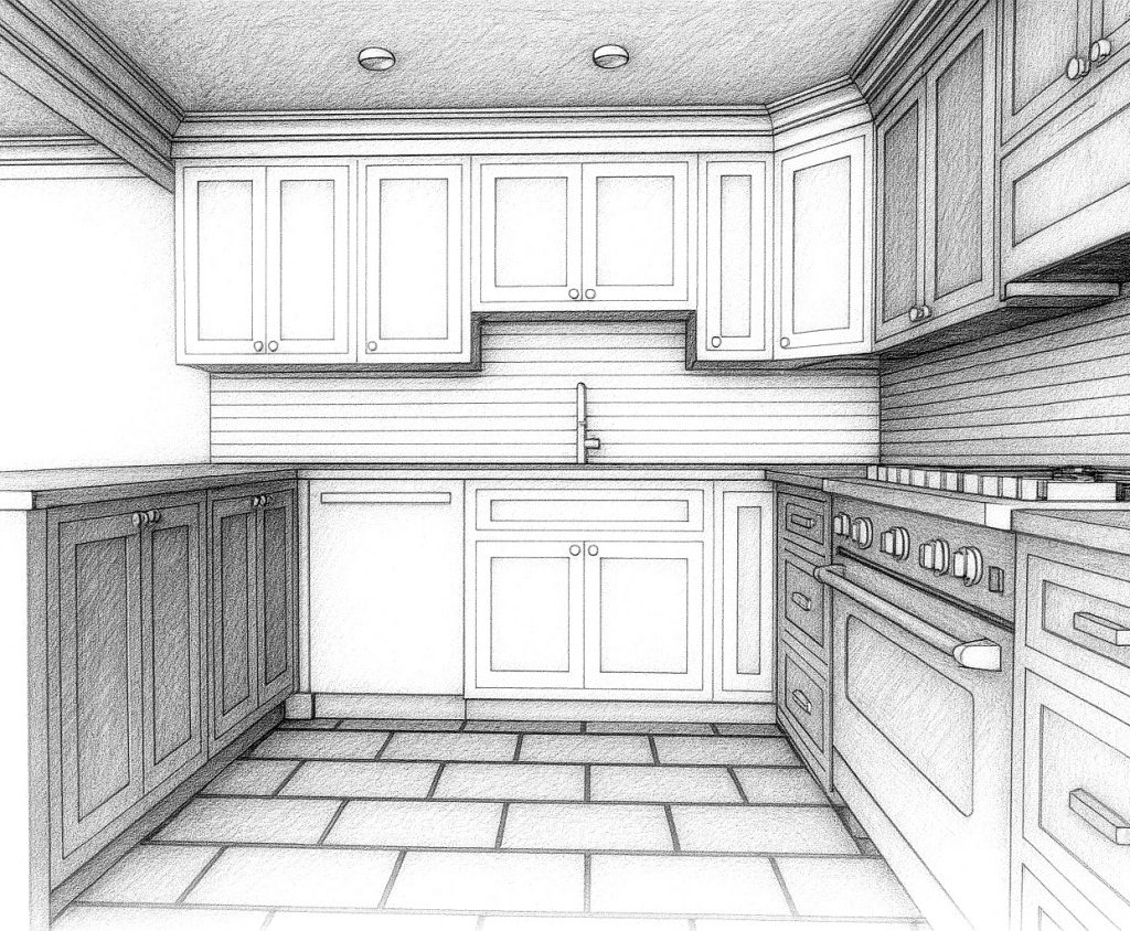 Kitchen sketch of the sink and range walls with Shaker cabinets
