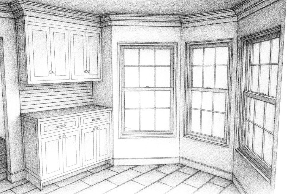 Kitchen sketch showing lower cabinets beneath the bay windows