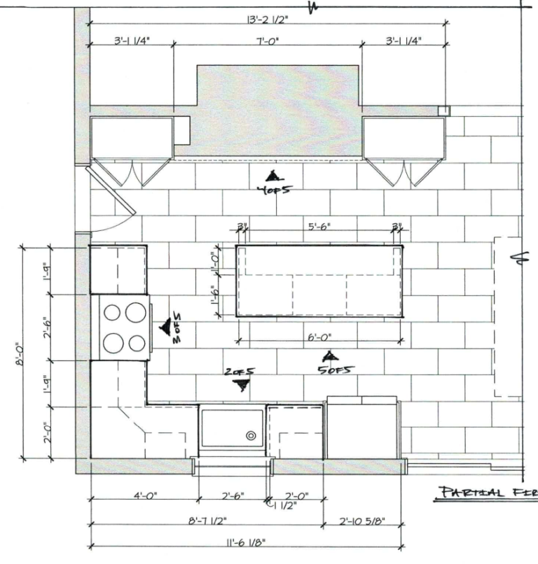 Dimensioned kitchen floor plan showing the island, appliances and cabinet layout