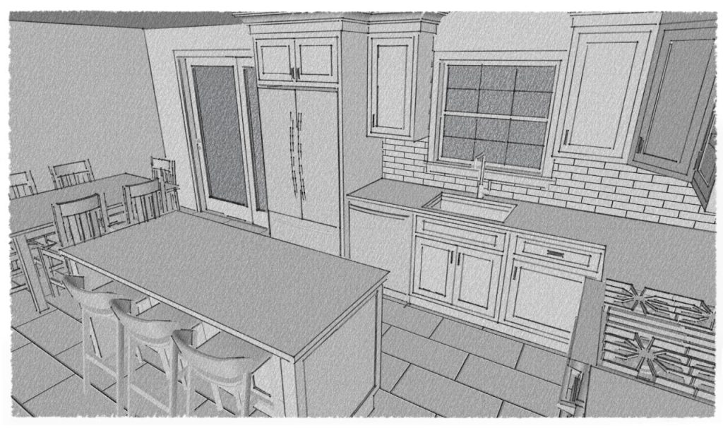 Sketch rendering of the kitchen island, refrigerator wall and window cabinets