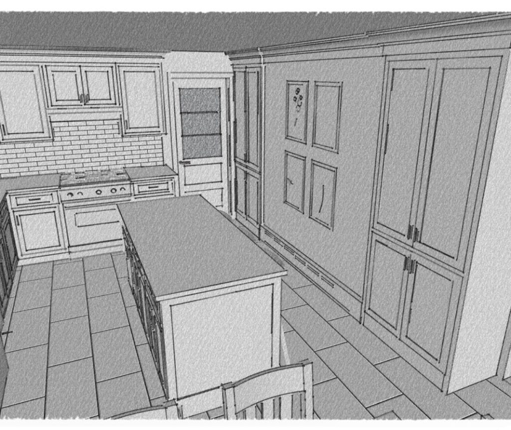 Sketch rendering looking past the island toward the range and tall pantry cabinets