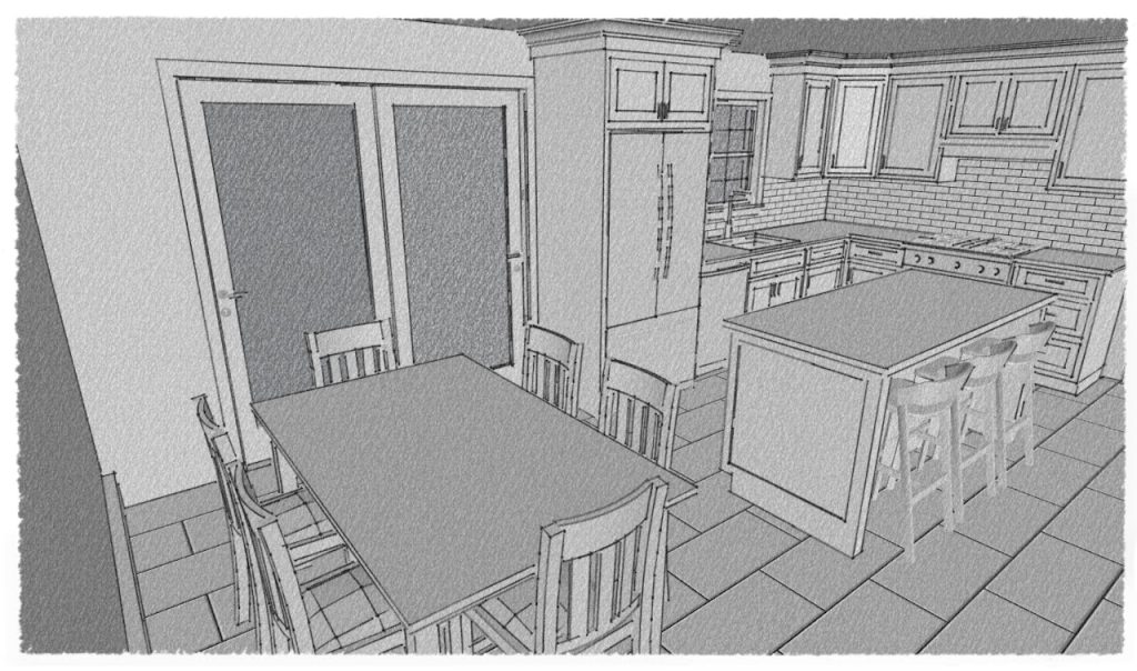 Sketch rendering of the dining table, island and L-shaped kitchen cabinetry