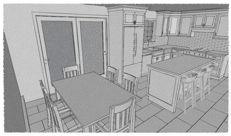 Sketch rendering of the dining table, island and L-shaped kitchen cabinetry