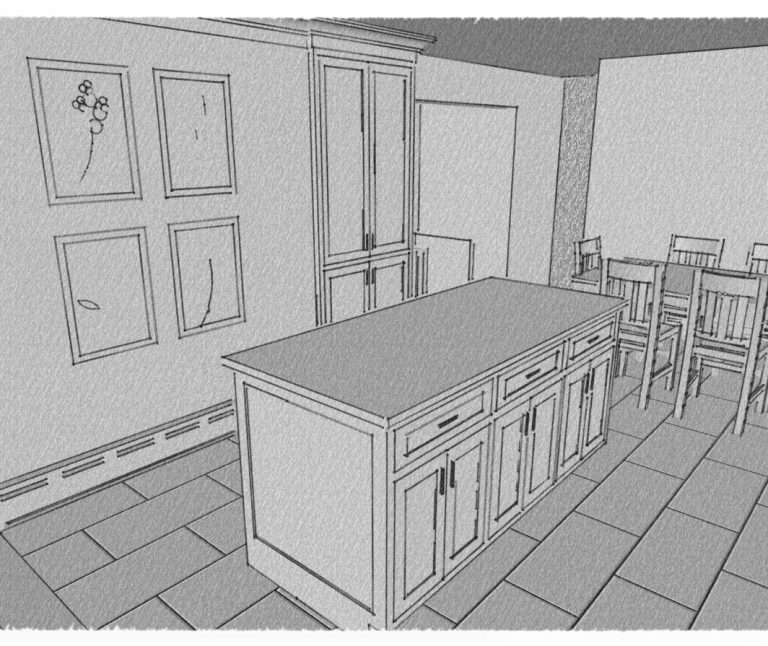 Sketch rendering of the island storage and full-height refrigerator cabinets