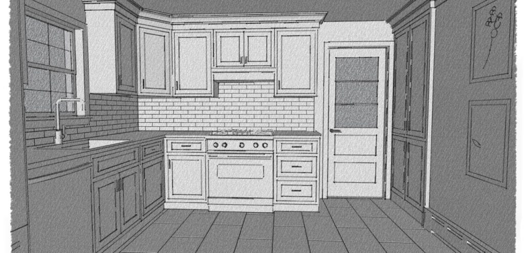 Sketch rendering of the range wall with hood, tile backsplash and pantry cabinets