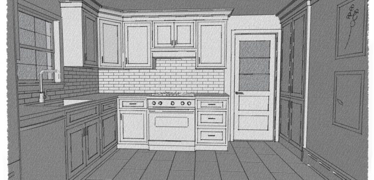 Sketch rendering of the range wall with hood, tile backsplash and pantry cabinets