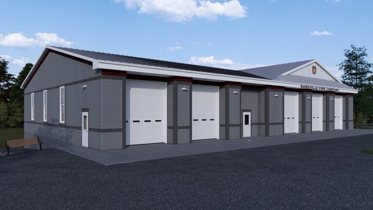 Daytime 3D rendering of Bareville Fire Company in Leola, PA, showing the front and side elevations.