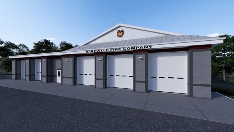 Front exterior rendering of Bareville Fire Company with white apparatus bay doors and gray masonry in Leola, PA.