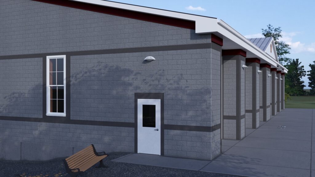 Close exterior rendering of the fire station showing gray masonry, dark trim, a side entrance and a bench.
