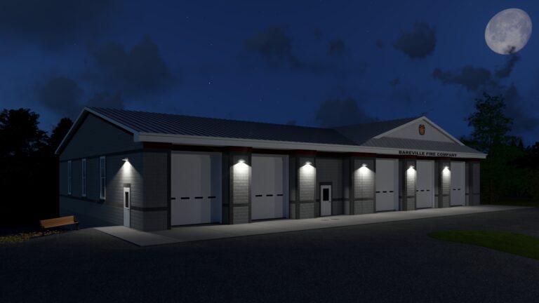 Nighttime 3D rendering of Bareville Fire Company in Leola, PA, with illuminated exterior walls and apparatus bays.