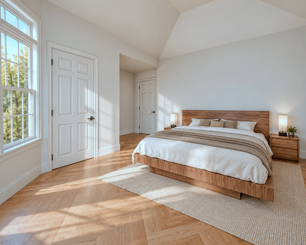 Bedroom interior with a vaulted ceiling, wooden bed and sunlit herringbone flooring