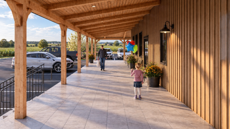 Rendering looking along a covered farm market walkway with exposed timber beams, wall lights and parking beside the porch.