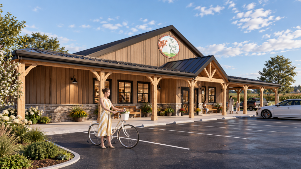 Daytime rendering of The Family Cow storefront with wood siding, a stone base, covered porch and landscaped parking.