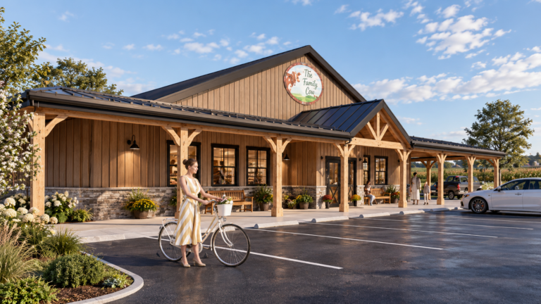 Daytime rendering of The Family Cow storefront with wood siding, a stone base, covered porch and landscaped parking.